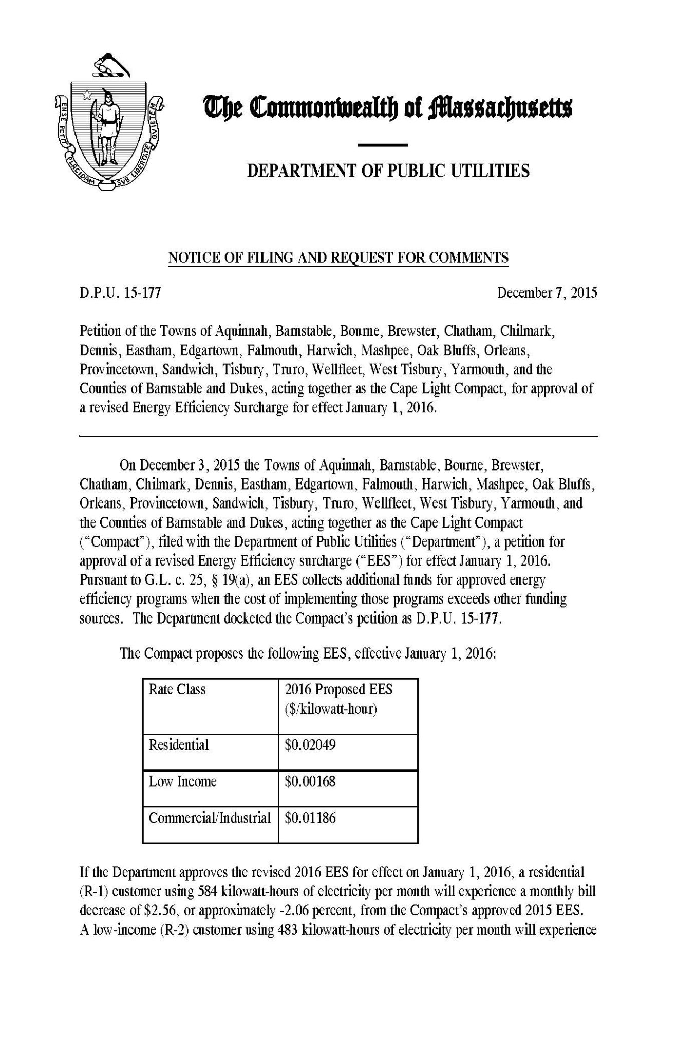 Notice of Filing and Request for Comments - 2016 Energy Efficiency Surcharge
