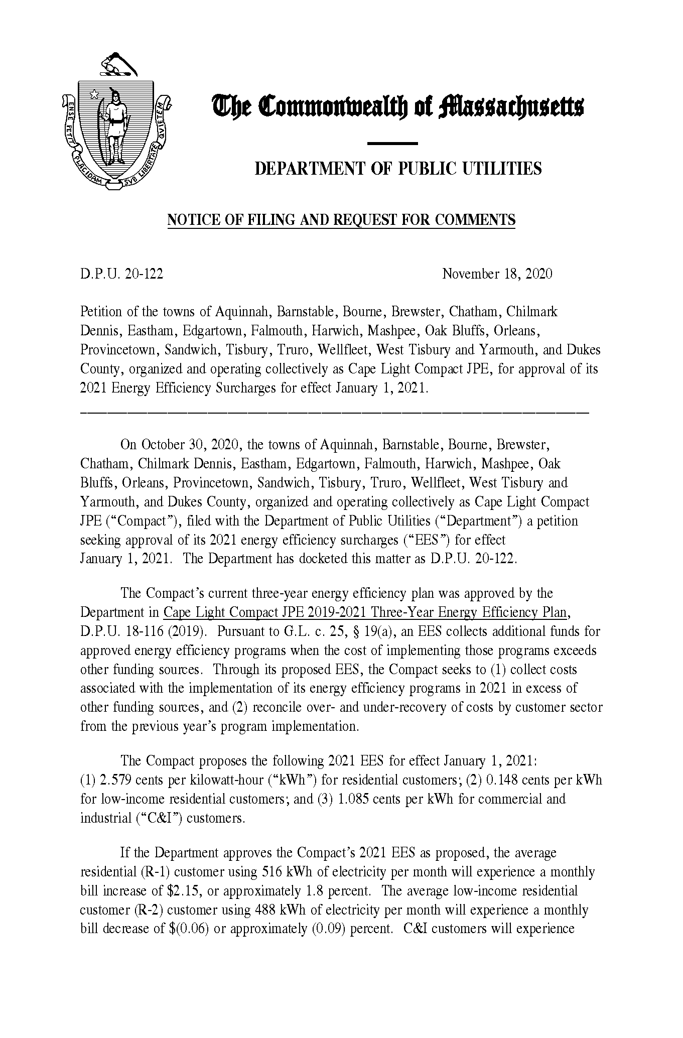 NOTICE OF FILING AND REQUEST FOR COMMENTS