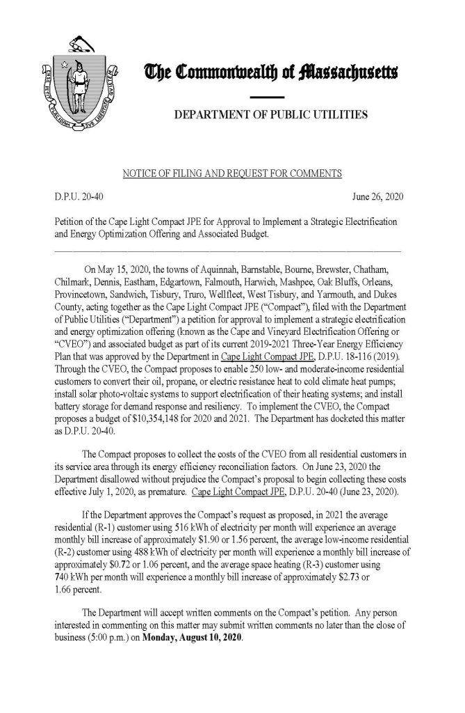 D.P.U. 20-40 NOTICE OF FILING AND REQUEST FOR COMMENTS